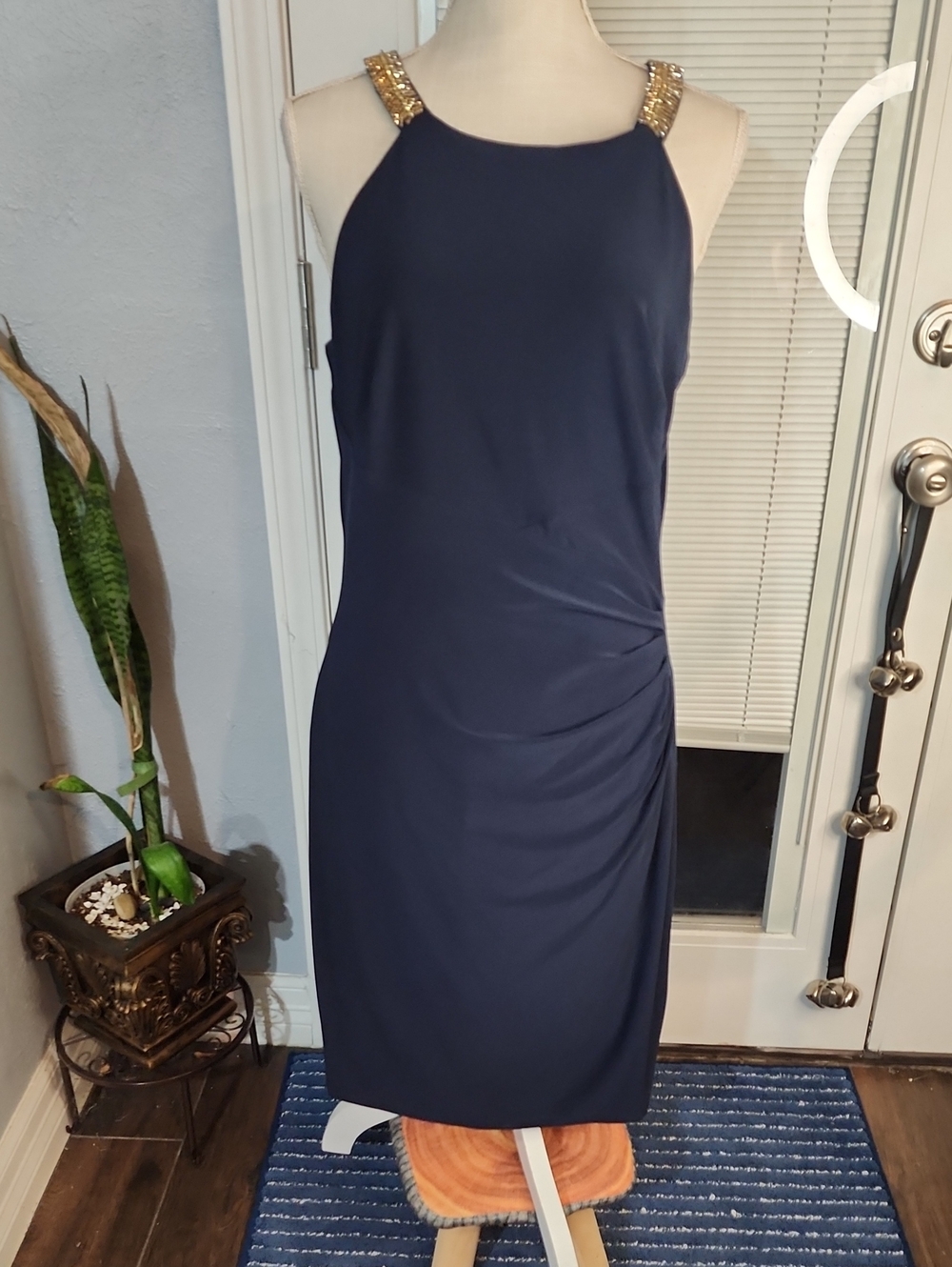 Ralph Lauren Navy Midi Dress with Gold Embellished Straps